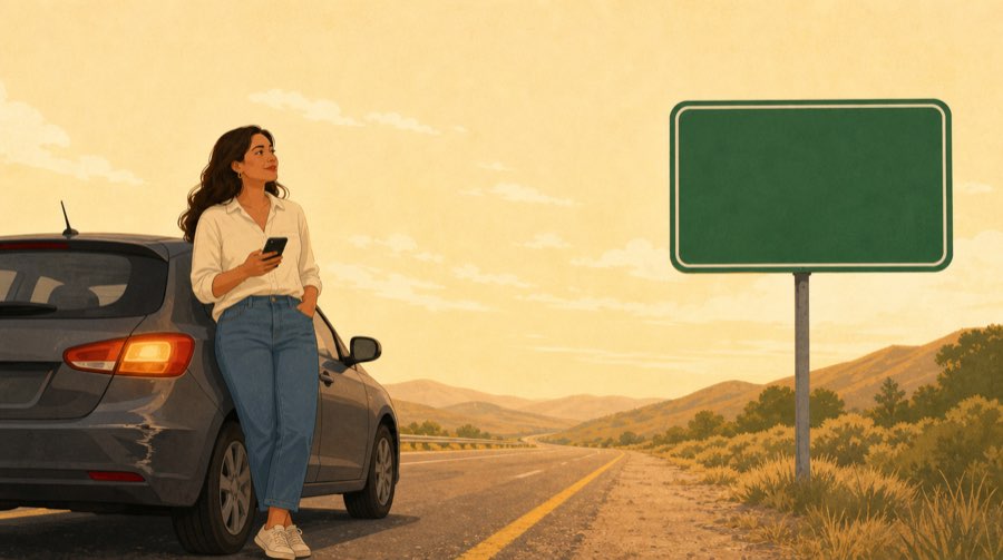 A woman beside her car on the shoulder, phone in hand