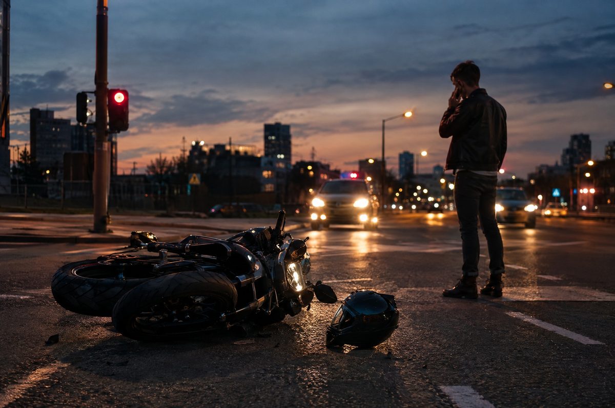 A motorcycle on its side at an intersection at dusk, the rider standing nearby on the phone