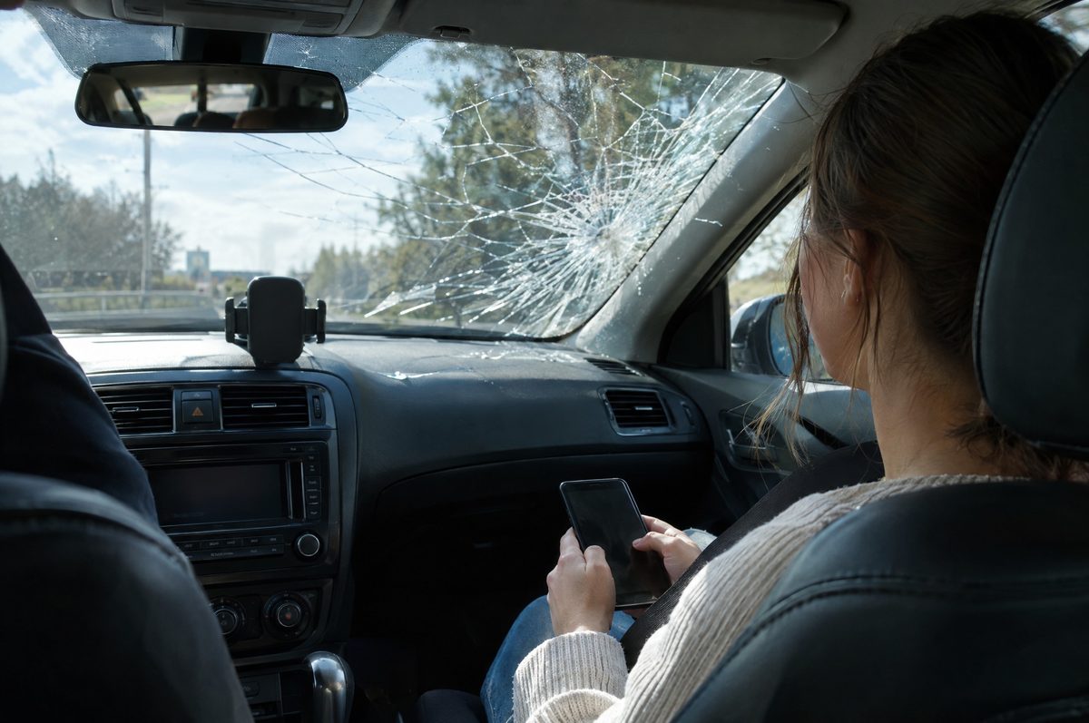 A passenger in the back seat of a car after a collision, seatbelt on, phone in hand, cracked windshield ahead