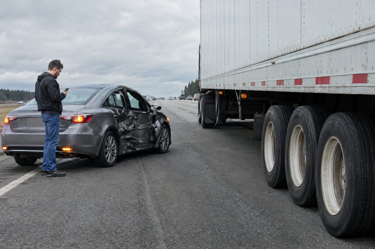 A sedan with a crushed side beside the wheels of a semi-truck on a highway shoulder